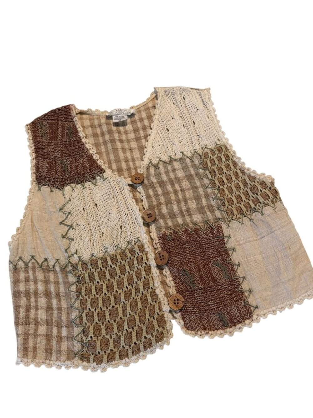 Sandy Starkman Brown Patchwork Crocheted Cotton Silk Vest Size Small
